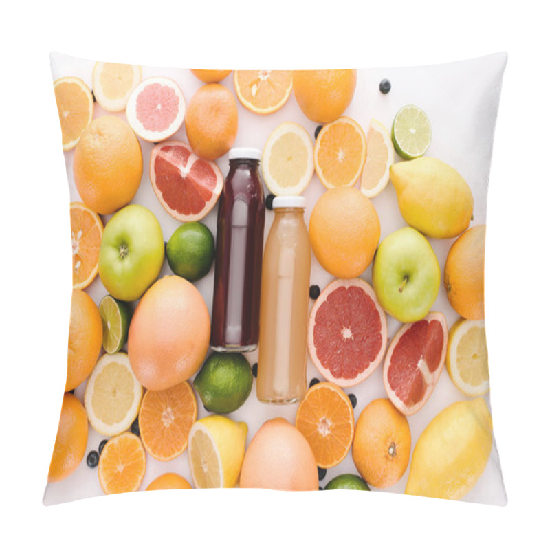 Personality  Top View Of Bottles Of Fresh Juice With Ripe Citrus Fruits Slices On White Surface Pillow Covers
