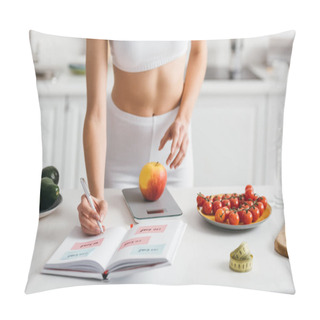 Personality  Cropped View Of Fit Sportswoman Writing Calories While Weighing Apple On Kitchen Table, Calorie Counting Diet Pillow Covers