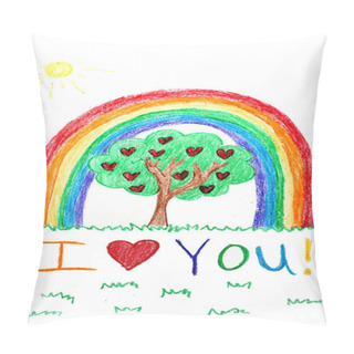 Personality  Child's Crayon Drawing Of Rainbow And Happy Tree With Hearts Pillow Covers