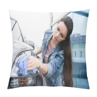 Personality  Attractive Woman Cleaning Car Headlight At Car Wash With Rag Pillow Covers