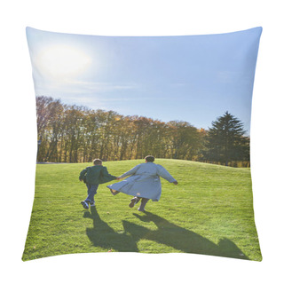 Personality  Sunny Day In Autumn, African American Woman Running Together With Son In Park, Candid, Playful Pillow Covers