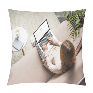 Personality  High Angle View Of Woman At Home Sitting On Couch And Using Laptop With Google Search On Screen Pillow Covers