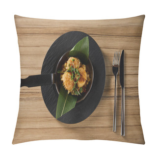 Personality  Top View Of Delicious Grilled Scallops With Green Leaves And Microgreens On Wooden Table With Cutlery Pillow Covers