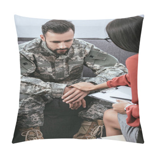Personality  Female Psychiatrist Supporting Depressed Soldier With Post Traumatic Syndrome During Therapy Session Pillow Covers
