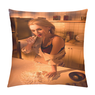 Personality  Beautiful Elegant Housewife Smoking Cigarette While Cooking In Kitchen With Orange Light Pillow Covers