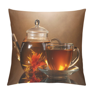 Personality  Glass Teapot And Cup With Exotic Green Tea On Wooden Table On Brown Backgro Pillow Covers