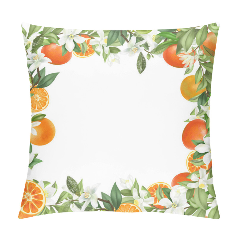 Personality  Card Template, Frame Of Hand Drawn Blooming Mandarin Tree Branches, Flowers And Mandarins On White Background Pillow Covers