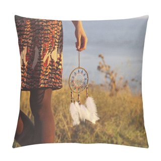 Personality  Brunette Woman With Long Hair Holding Dream Catcher  Pillow Covers