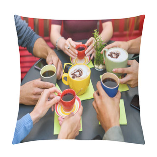 Personality  From Above Of Crop Unrecognizable Friends Sitting At Round Black Table And Holding Cups Of Coffee And Cappuccino While Spending Time Together In Cafe Pillow Covers
