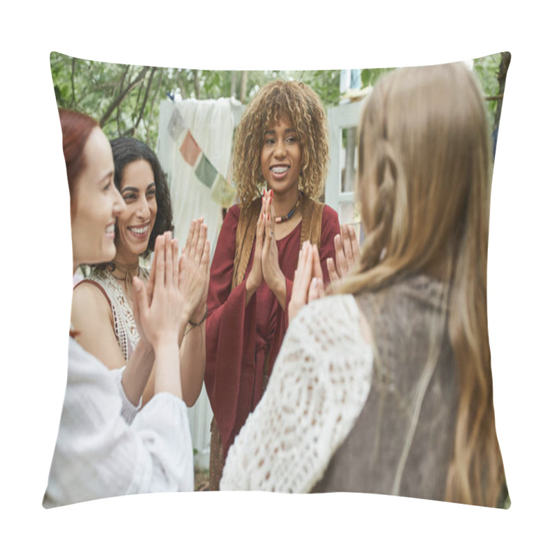 Personality  Cheerful Multiethnic Women Meditating Near Blurred Friends Outdoors In Retreat Center Pillow Covers