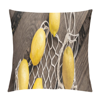 Personality  Top View Of Fresh And Juicy Lemons Lying Near Mesh Bag On Wooden Planks, Yellow Fruit, Citrus, Composition, Ingredients, Rustic, Sour Food, Vitamin C, Summer Concept, Banner  Pillow Covers
