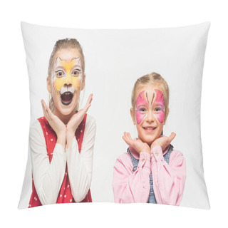 Personality  Excited Friends With Cat Muzzle And Butterfly Paintings On Faces Looking At Camera Isolated On White Pillow Covers