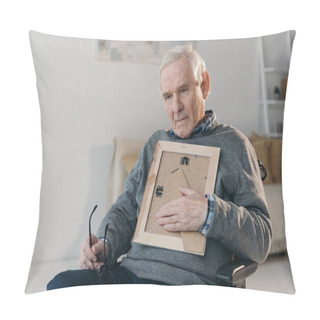 Personality  Senior Thoughtful Man Sitting In Chair And Holding Old Photo Frame Pillow Covers