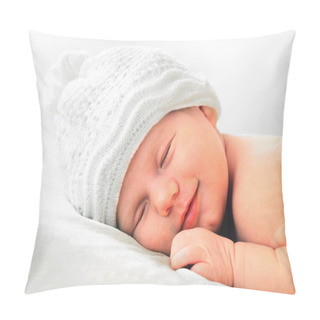 Personality  Smiling Newborn Baby In White Hat Pillow Covers