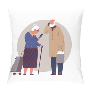 Personality  Old Man In A Raincoat Speaks On The Phone And An Old Woman With A Large Bag On Wheels Looks At The Smartphone Screen. Vector Flat Illustration On A Round Isolated Background Pillow Covers