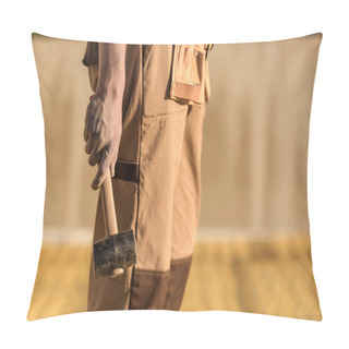 Personality  Cropped Image Of Construction Worker In Uniform Holding Hammer  Pillow Covers