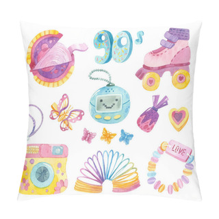 Personality  Back To The 90s. Retro Toys, Roller Skates, Chewing Gum, Camera, Sweets, Hairpins. Watercolor Girlish Clipart. Pillow Covers