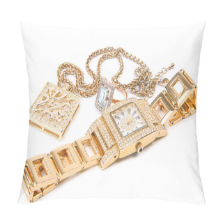 Personality  Golden Watch, Ring And Necklace. Pillow Covers