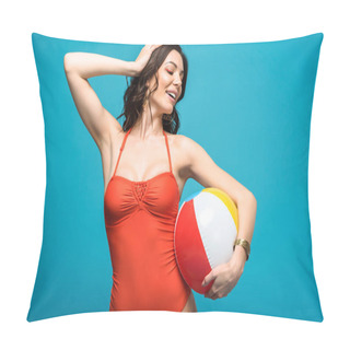 Personality  Woman In Swimsuit Holding Inflatable Beach Ball Isolated On Blue Pillow Covers