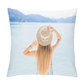 Personality  Mountain Lake. Girl Admires Views And Holding Hands On The Boate Pillow Covers