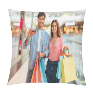 Personality  Couple Shopping Showing Credit Card Holding Shopper Bags In Hypermarket Pillow Covers