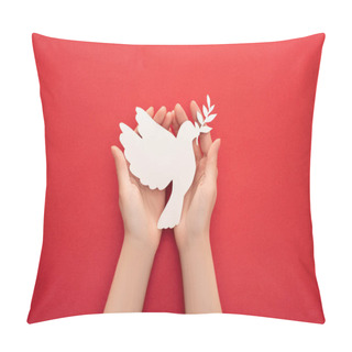 Personality  Cropped View Of Woman Holding White Dove As Symbol Of Peace In Hands On Red Background Pillow Covers