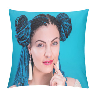 Personality  Glamour Luxury Portrait Of Sexy Woman With African Blue Braids Hairstyle, Bindi, Nose Ring And Tassel Earrings Isolated On Colorful Background. Girl In Fur, Bright Makeup, Hipster, Freaky Pillow Covers