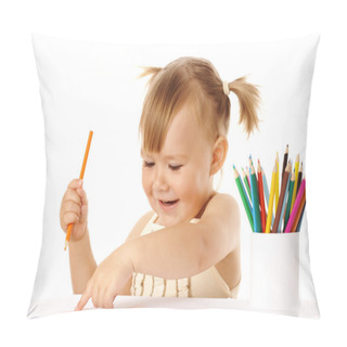 Personality  Child Points On Her Drawing And Smile Pillow Covers
