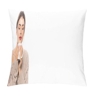Personality  Website Header Of Stylish Woman In Openwork Sweater Holding Cup Of Tea Isolated On White Pillow Covers