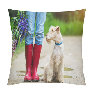 Personality  Terrier Dog Sitting Next To A Girl In Rubber Boots On A Country Road Pillow Covers