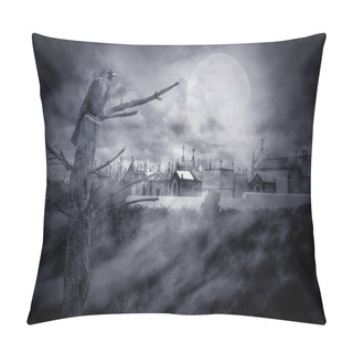 Personality  Photo Composition With Full Moon At Night, Part Of A Naked Tree, Cemetery, Clouds, Fog And Crow That Can Be Used For Halloween Pillow Covers