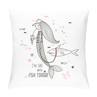 Personality  Modern Mermaid Swimming With Fish Terrier, Doodle Kid Illustration Pillow Covers