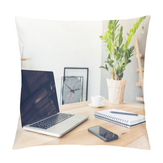 Personality  Design Of Workplace In Home Office With Modern Equipment And Objects Pillow Covers