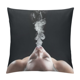 Personality  Woman Blowing Smoke Against Dark Background. Studio Fashion Phot Pillow Covers