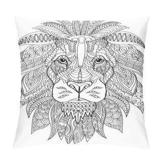 Personality  Lion Head Facing Forward With Healthy Furry Mane Colorless Line Drawing. Large Wild Feline With Beautiful Fur Coloring Book Page. Pillow Covers