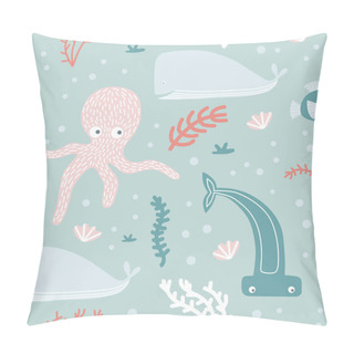 Personality  Seamless Pattern With An Octopus, A Hammerhead Fish, Creepers, Seashells And Other Marine Elements. Blue Background. Underwater Elements Collection. Undersea World Theme Concept. Vector Illustration Pillow Covers