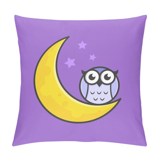 Personality  Owl And Moon At Night Logo Cute Illustration. Cute Cartoon Illustration Of Owl Sitting On The Crescent Moon In The Night With Starry Sky Pillow Covers