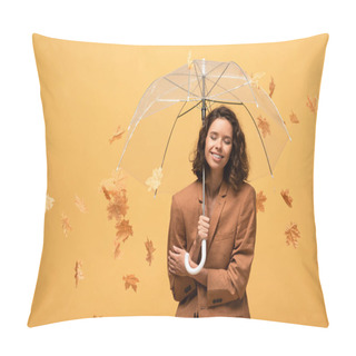 Personality  Happy Curly Woman In Brown Jacket Holding Umbrella In Falling Golden Maple Leaves Isolated On Yellow Pillow Covers
