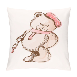 Personality  Sketch Bear In A Cap And With A Brush. Little Teddy Bear. EPS 10 Pillow Covers
