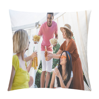 Personality  Happy African American Man Proposing Chips And Popcorn To Multiethnic Friends Drinking Beer In Patio Pillow Covers