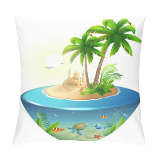 Personality  Paradise Tropical Island In Sea. Palm, Sand Castle And Sea Turtle. Summer Beach Vacation Holidays Pillow Covers