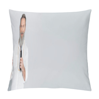Personality  Grey Haired Motivational Coach With Microphone And Smartphone Isolated On Grey, Banner Pillow Covers