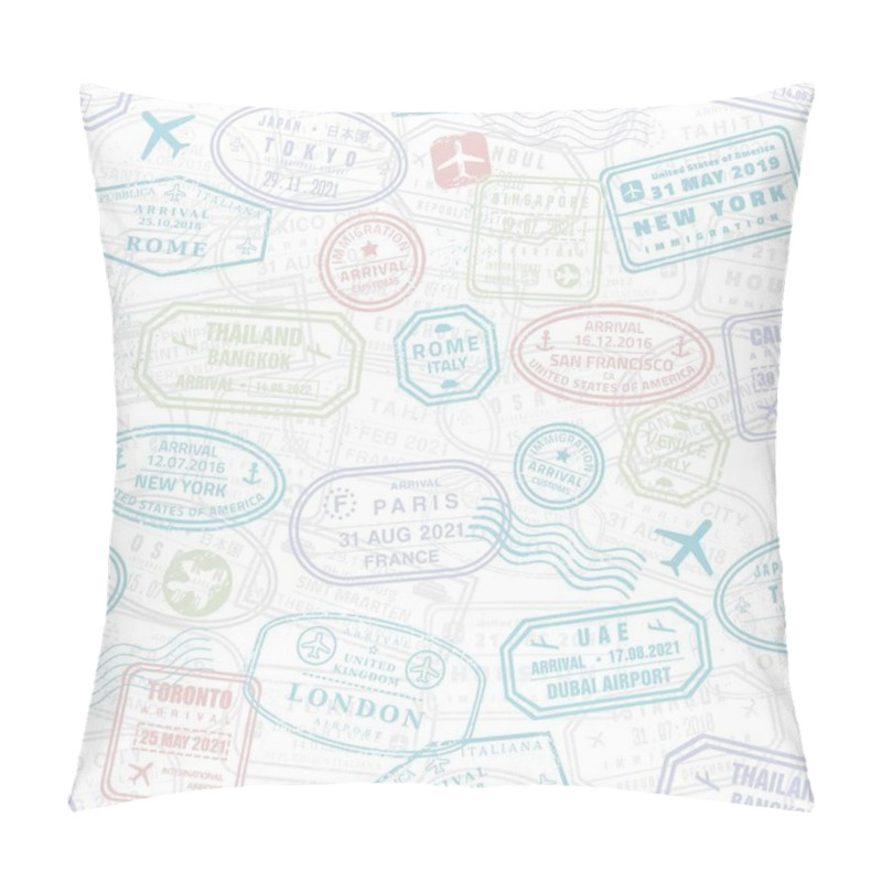 Personality  Seamless pattern passport stamps. Subtle colors travel passport stamps vector texture. Seamless fashion print. pillow covers