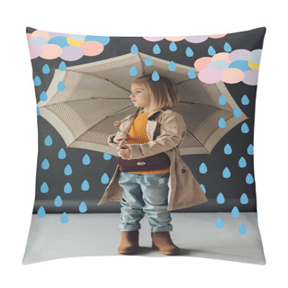 Personality  Serious Child In Trench Coat And Jeans Holding Umbrella Under Fairy Rain And Looking Away  Pillow Covers