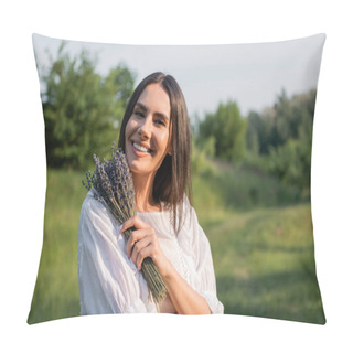 Personality  Happy Brunette Woman With Bouquet Of Lavender Looking At Camera Outdoors Pillow Covers