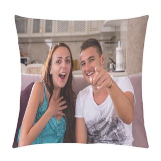 Personality  Young Couple Enjoying Comedy Film At Home Pillow Covers