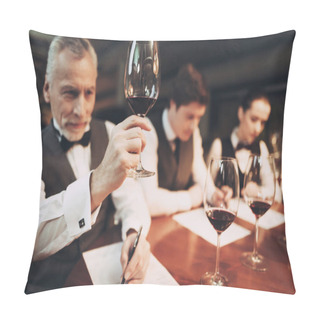 Personality  Confident Sommelier Tasting Wine In Restaurant. Tasting Specialist Makes Notes. Pillow Covers