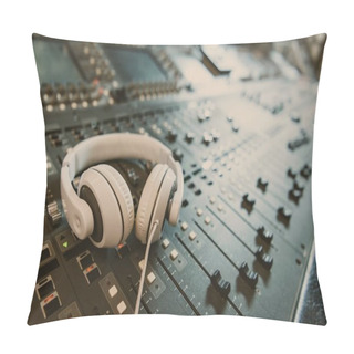 Personality  Close-up Shot Of Headphones On Graphic Equalizer At Recording Studio Pillow Covers