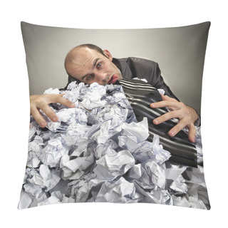 Personality  Exhausted Depressive Businessman Laying On Crumpled Papers Pillow Covers