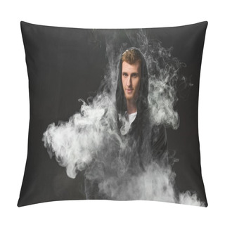 Personality  Young Bearded Man Vaping Electronic Cigarette Surrounded By Clouds Of Steam Pillow Covers